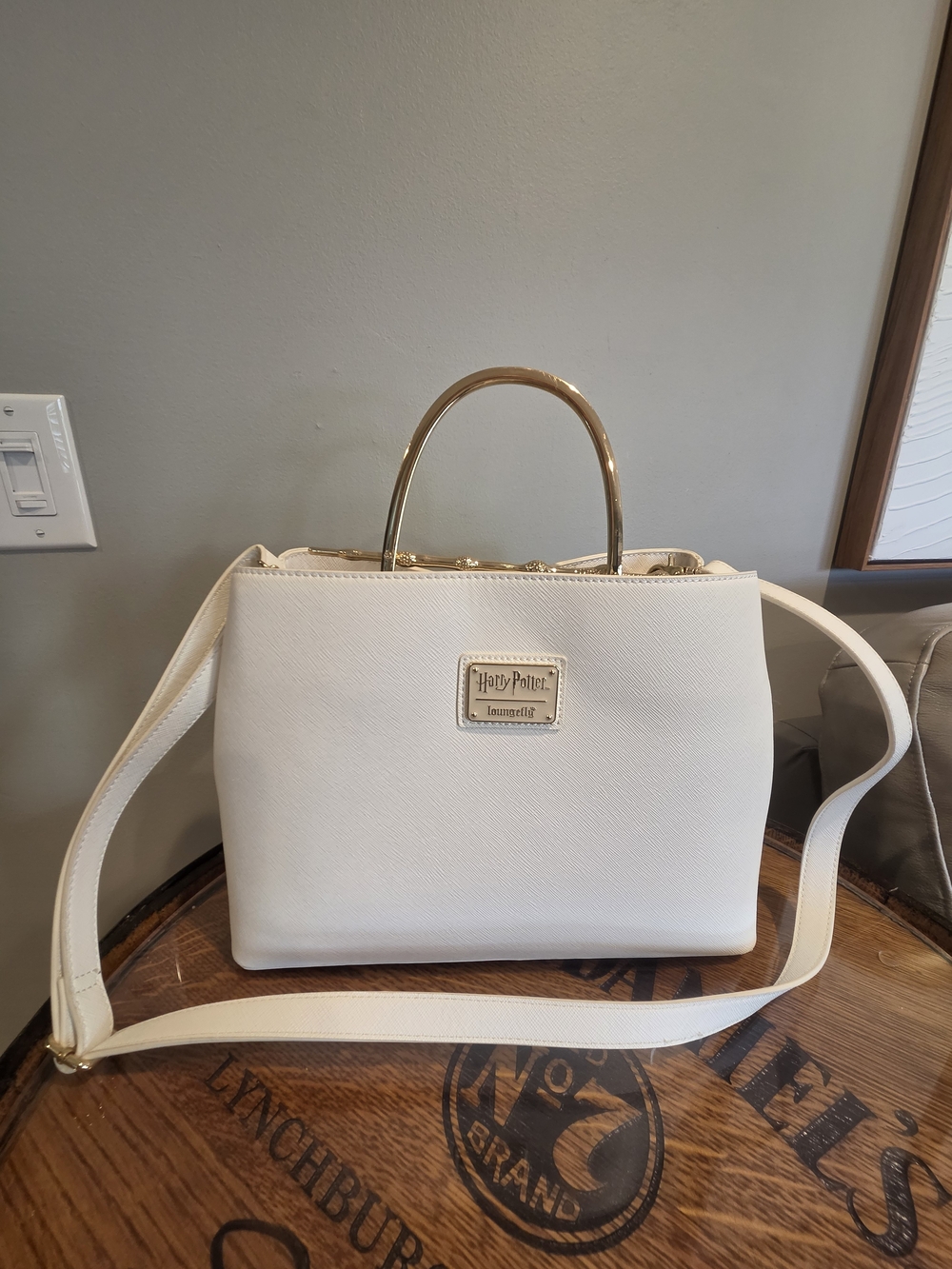 Warner Bros. Cream Satchel Handbag with Gold Handles